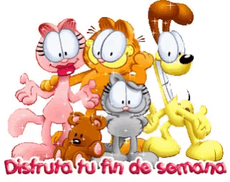 a cartoon of garfield and friends with the words disfruta tu fin de semana below them