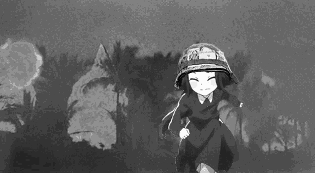 a black and white drawing of a girl with a helmet on