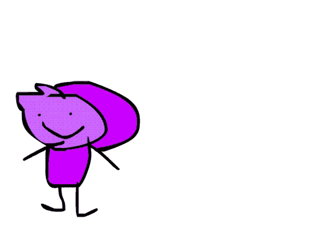 a drawing of a purple cartoon character with a smiling face