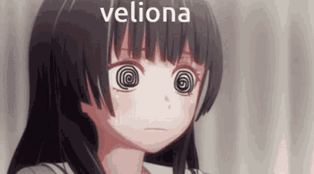 a girl with a spiral in her eyes and the word veliona written above her