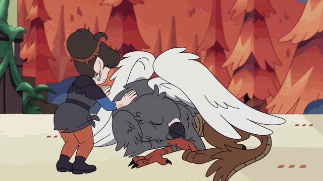 a cartoon drawing of a girl hugging a bird with wings