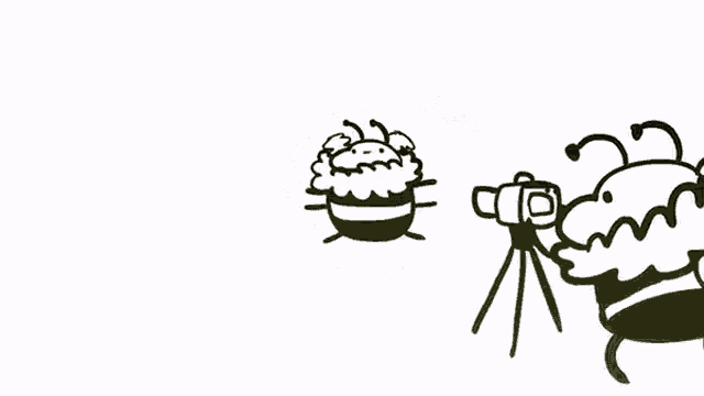 a black and white drawing of a bee taking a picture of a cake with the word so above it