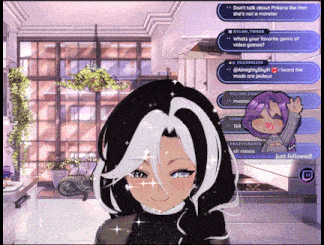 a girl with purple hair and black and white hair is smiling in a video game
