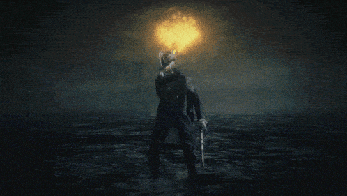 a man in a gas mask is holding a gun in front of an explosion in the sky