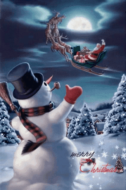 a merry christmas greeting card with a snowman in the foreground