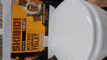 a white toilet sits next to a box that says " mystery surprise toilet "