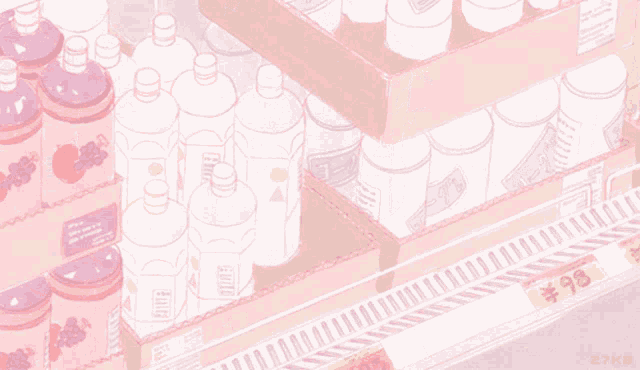 a shelf full of pink bottles and boxes with a price tag that says 100