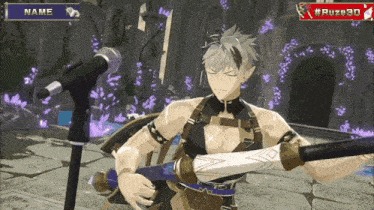 a video game character is holding a sword in front of a microphone with the name ruze3d above him