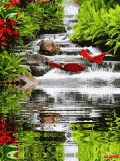 a painting of a waterfall with a red butterfly in it
