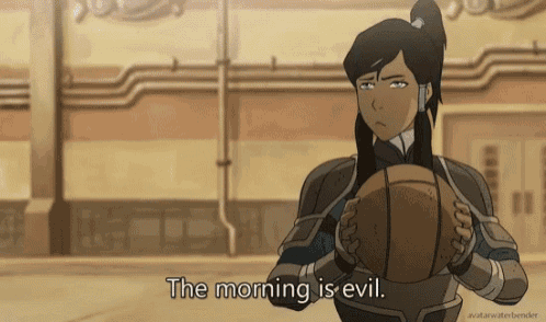 a cartoon of a woman holding a ball with the words " the morning is evil " below her