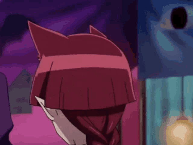 a cartoon character with red hair and ears is looking at something