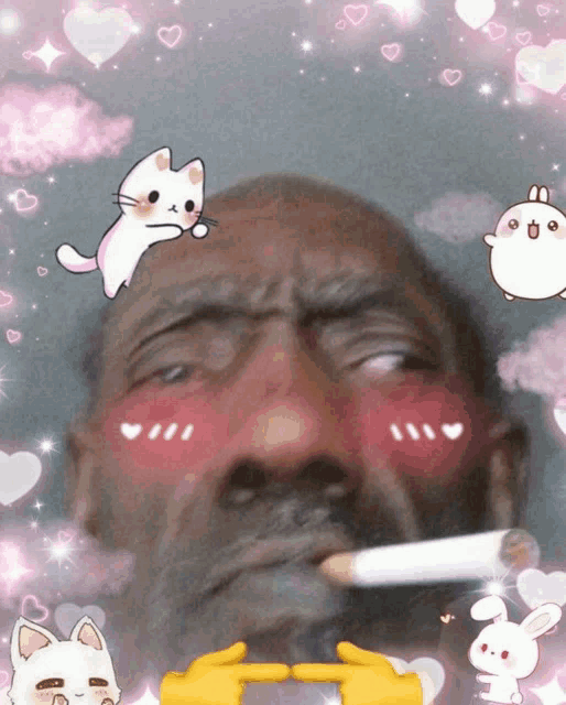 a man with a cigarette in his mouth with a cat and rabbit behind him