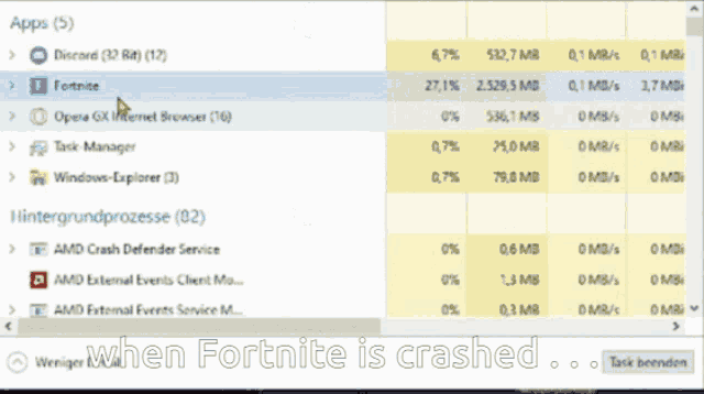 a screenshot of a computer screen with the words when fortnite is crashed