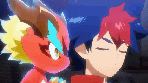 a boy and a red dragon are looking at each other