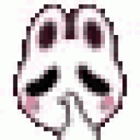 a pixel art drawing of a scream mask with a finger in its mouth .
