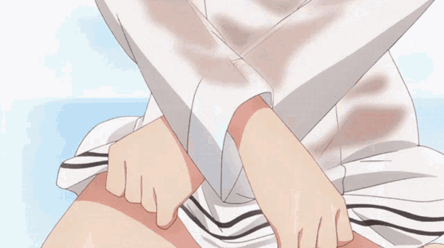 two anime girls are standing next to each other and one girl is taking off her shirt