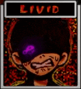 a cartoon character with a purple eye and a snake around his neck is angry .