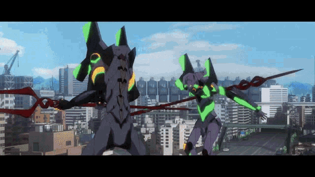 a purple and green robot holding a red sword in front of a city