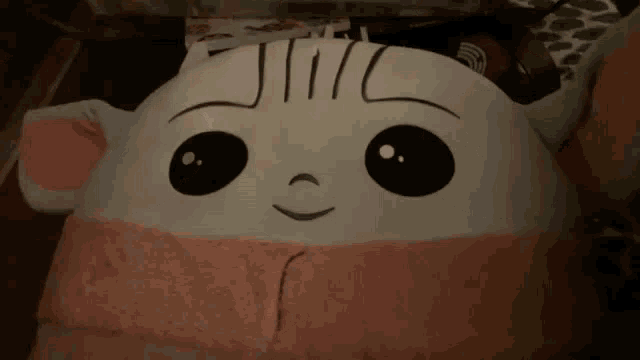 a close up of a stuffed animal with a face and the letter j on it