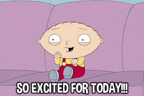 stewie from family guy is sitting on a purple couch and saying `` so excited for today ! ''