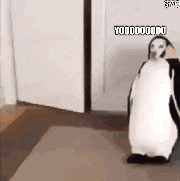 a penguin is standing in front of a door with the word yo on it