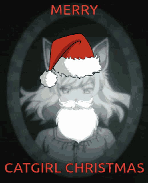 a merry catgirl christmas poster with a cat wearing a santa hat and beard
