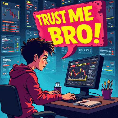 a cartoon drawing of a boy using a computer with a speech bubble that says trust me bro
