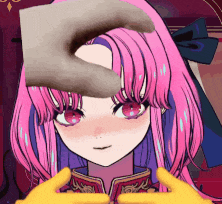 a cartoon girl with pink hair is being touched by someone 's hand