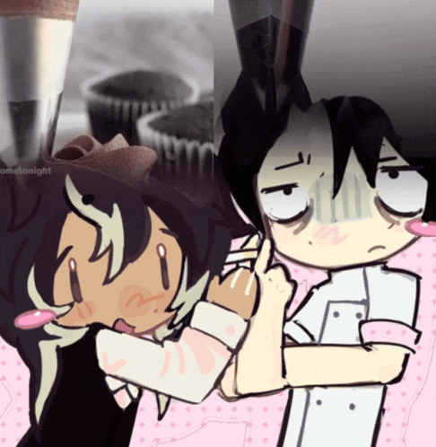 a couple of cartoon characters standing next to each other with a cupcake in the background