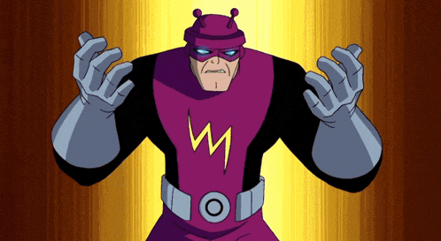 a man in a purple superhero costume with the letter m on the chest