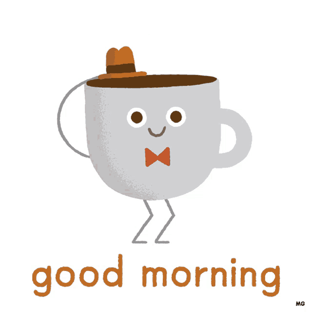 a cartoon illustration of a cup of coffee holding a red heart and the words good morning below it