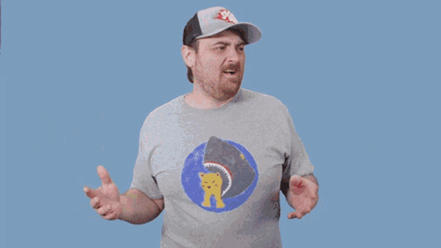 a man in a shark t-shirt is asking if there are snacks