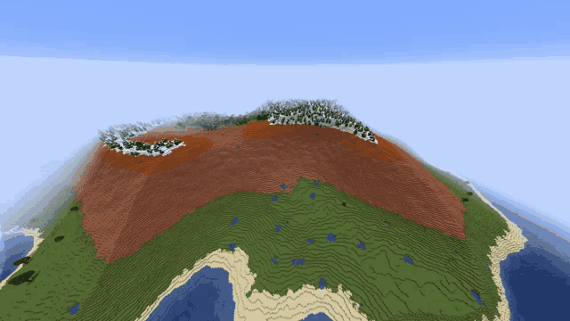 an aerial view of a minecraft world with mountains and a lake