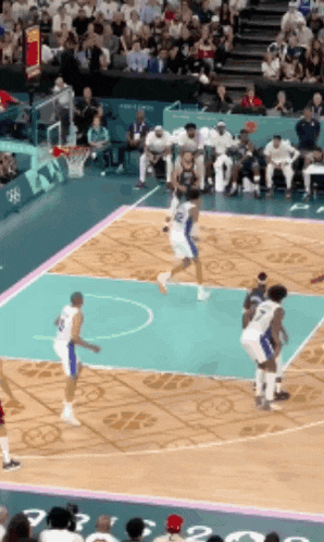 a basketball game is being played in front of a crowd with the number 20 on the floor