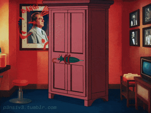 a cartoon drawing of a wardrobe with a picture of a man behind it