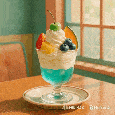 a glass of ice cream with whipped cream and fruit on top of it