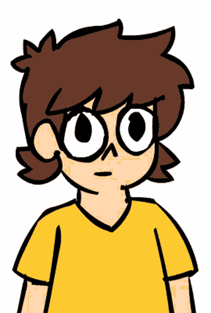 a cartoon drawing of a boy with glasses and a yellow shirt