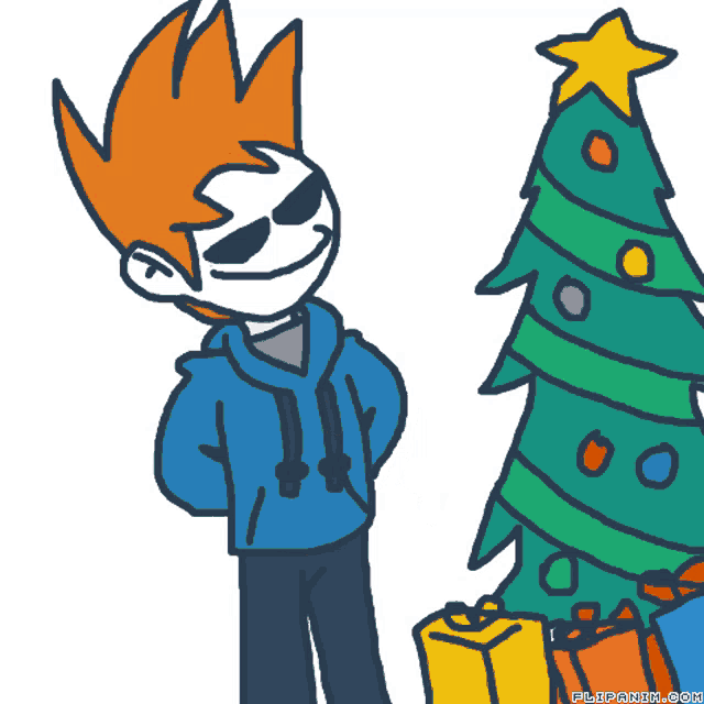 a cartoon of a person standing next to a christmas tree