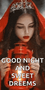 a woman in a red dress is holding a red lantern in her hands and says `` good night and sweet dreams '' .