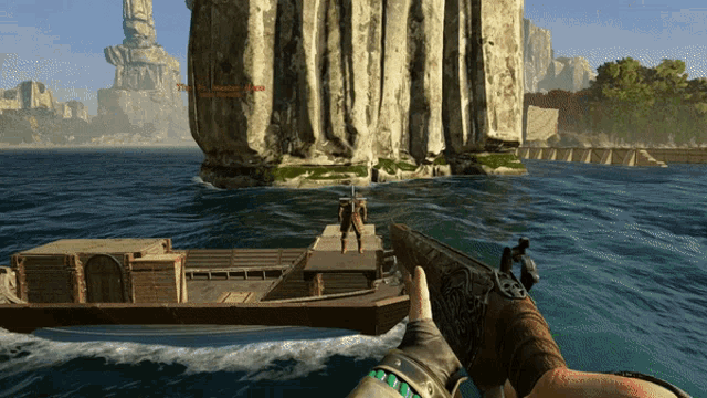 a screenshot of a video game shows a boat in the water and a cliff behind it