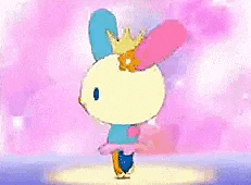 a cartoon bunny with a crown on its head is dancing on a pink background .