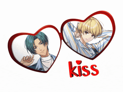 a couple of hearts with the word kiss underneath them