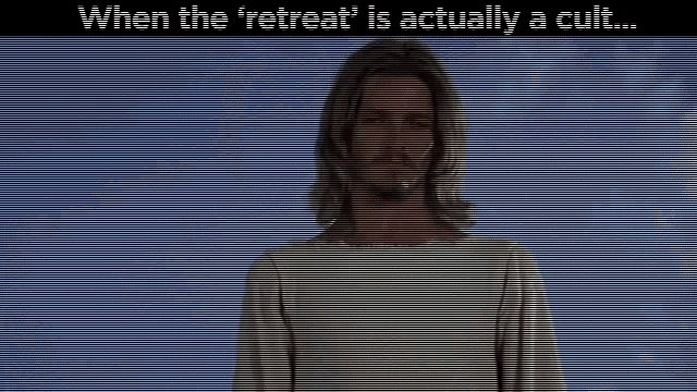 when the retreat is actually a cult is written above a blurry picture