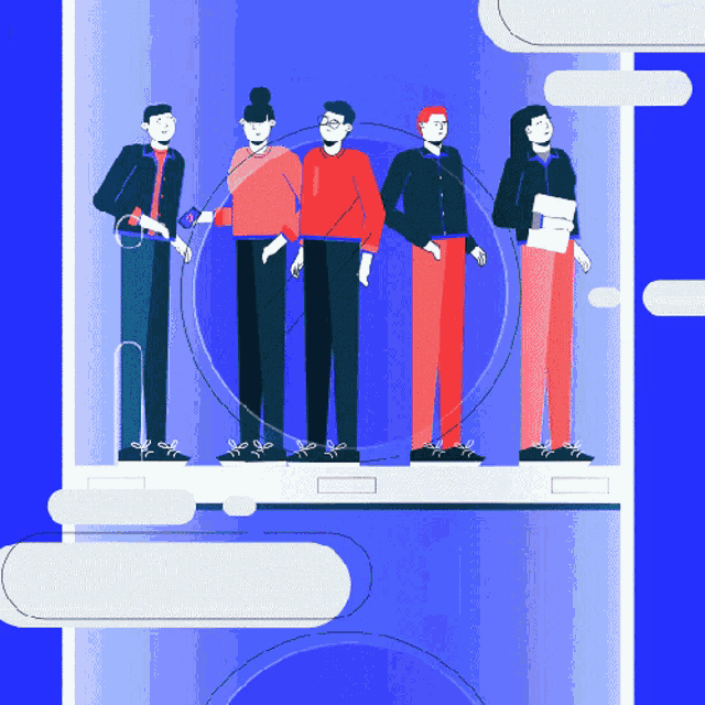 an illustration of a group of people standing on a cell phone