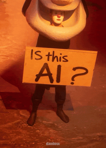 a person in a clown costume holding a sign that says " is this ai "