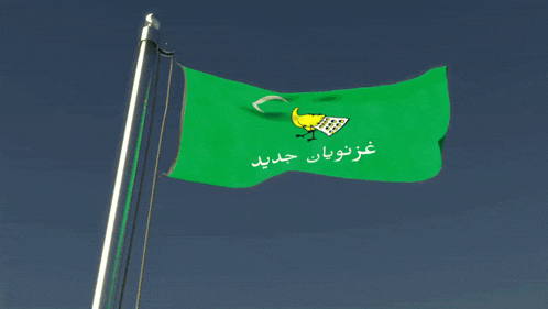 a green flag with arabic writing and a yellow peacock