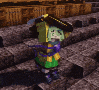 a minecraft character is standing on a brick floor holding a purple object .