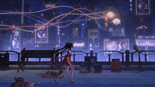 a girl in a red dress is walking in front of a sign that says ' tokyo '