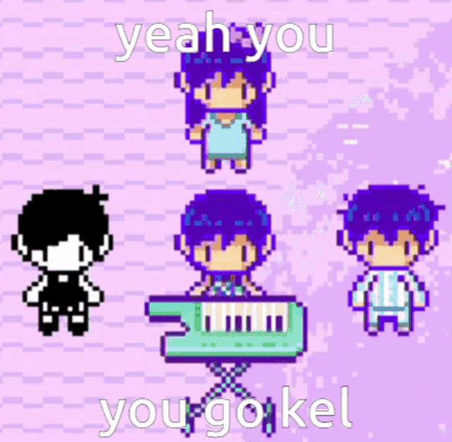 a pixel art of a boy playing a keyboard with the words yeah you you go kel below him
