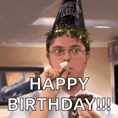 a man wearing a party hat is eating a piece of cake with the words happy birthday written below him